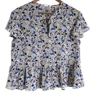 Gap Women’s Flutter Sleeve Tie Neck Ruffle Hem Floral Top Blouse, Size Medium
